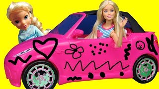 Elsa and Anna toddlers DRAW on Barbies NEW Car Does Barbie allow them They draw cute things [upl. by Ileray]