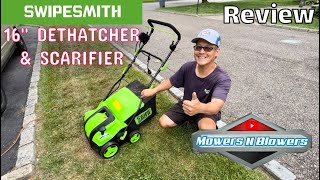 SWIPESMITH 16”15A Electric Dethatcher Scarifier w5Position Depth Adjustment 145 Gal Removable Bag [upl. by Ielhsa]