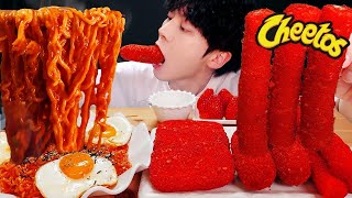 ASMR MUKBANG  치즈 불닭볶음면 amp 치토스 대왕 통 가래떡 튀김 핫도그 딸기 먹방 amp 레시피 FIRE NOODLES AND Tteokbokki EATING [upl. by Sane567]