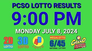 9pm Lotto Results Today July 8 2024 Monday ez2 swertres 2d 3d pcso [upl. by Darda]