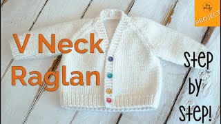 How to knit a Baby VNeck Raglan Cardigan step by step  Part 1 [upl. by Lynette736]