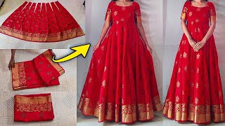 Anarkali dress cutting amp stitching easily   Convert saree into long gownfrockdress  Saree reuse [upl. by Halverson]