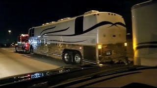 Towing a Prevost Entertainer Tour Bus  RV Broke Down and towed by Heavy Duty Tow Truck [upl. by Fine475]