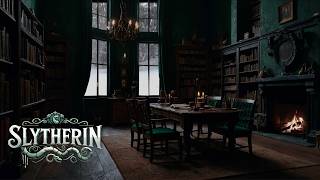 🐍 Cozy Slytherin Study Ambience 🐍  Hogwarts Library with Crackling Fireplace amp Snowy Winter Sounds [upl. by Suzzy662]