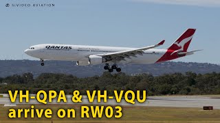 Qantas Airways VHQPA and QantasLink VHVQU arriving on RW03 at Perth Airport [upl. by Assereht]