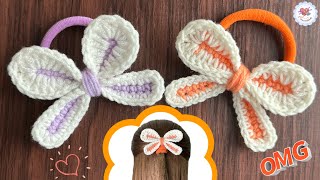 Super Easy 💯Two Tone Crochet Bow Hair Ties Crochet Tutorial [upl. by Gothard]