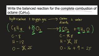 Write the balanced reaction for the complete combustion of octane C8H18 [upl. by Haela]