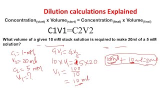 Dilution calculations  Dilution problems  Stock dilutions Biology and chemistry [upl. by Anaidiriv]