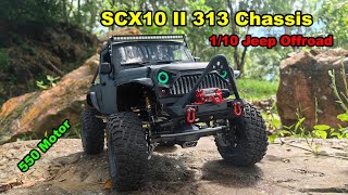 SCX10 II Jeep Rubicon Upgraded  110 RC Injora Hardbody 550 Motor Planetary Offroad Trail [upl. by Anitsirhcairam]