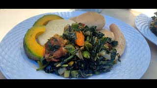 STEAMED CALLALOO IN CHICKEN BACK WITH BOILD WNITE YAM DUMPLINGS BANANA amp AVOCADO love [upl. by Carrnan]