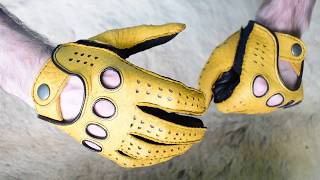 Black Yellow Driving Gloves Peccary Leather Handmade Hand Sewn [upl. by Nauqas]