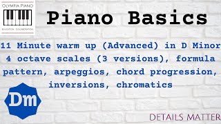 Piano D Minor 11 minute warmup 3 Scales Arpeggios Chord Progressions Inversions Chromatics [upl. by Nomael]