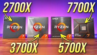 Comparing 4 Generations of Ryzen 7 CPUs 7700X vs 5700X vs 3700X vs 2700X [upl. by Rebmyt343]