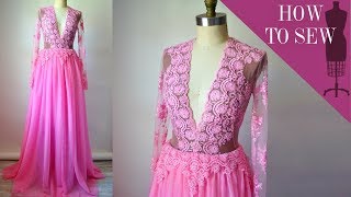 How To Sew A Deep VNeck Lace Tulle Gown [upl. by Ybanrab]