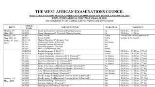 2022 Final International Timetable for WASSCE WAEC for School Candidates PDF [upl. by Tolman]