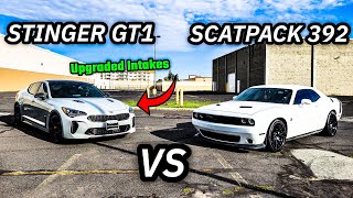 KIA STINGER GT1 CALLS OUT MY SCATPACK CHALLENGER 392 A MUST WATCH RACE [upl. by Nnyla121]