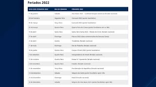 Calendário de Feriados de 2022 traz apenas um feriado nacional prolongado [upl. by Neall]