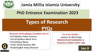 Types of Research IMP MCQsResearch Methodology PhD Entrance for Jamia Millia Islamia University [upl. by Kerri]