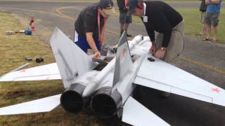 Worlds Largest Mig 25 RC Scale Twin Turbine Jet Powered model airplane Starting Up [upl. by Lika]