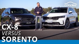 2023 Kia Sorento v Mazda CX8 Comparison  Ultraversatile threerow large SUVs go head to head [upl. by Aiuqram512]