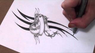 Shading a Heart and Banner With Barbed Wire Tattoo Design [upl. by Nyllewell]