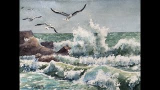 tutoriel d aquarelle  une mer déchainée réaliser une vague à laquarelle [upl. by Trebla]