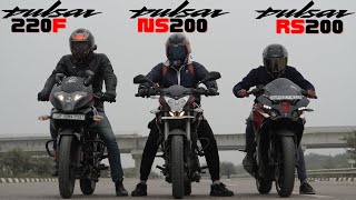 Bajaj Pulsar RS200 vs Pulsar 220F vs Pulsar NS200 Drag Race [upl. by Arie]