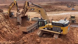 Caterpillar 365C Excavators Loading Mercedes amp MAN Trucks With Little Help Of The Cat D6R Dozer [upl. by Yoshio]