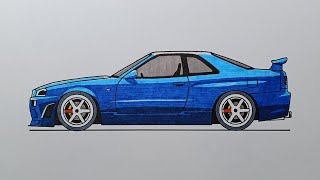 How to draw a Nissan Skyline GTR R34 [upl. by Orren528]