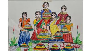 Telangana Bathukamma Painting  Bathukamma Drawing  Indian Festival Drawing Painting [upl. by Elorak]