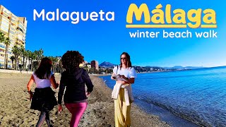 Beach Walk in Winter  Malaga Spain Playa La Malagueta 4K Walk tour 2023 [upl. by Tolecnal]