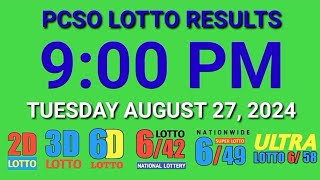 9pm Lotto Results Today August 27 2024 ez2 swertres 2d 3d pcso [upl. by Satterfield800]