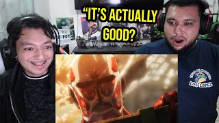 My NON anime fan BROTHER watches ATTACK ON TITAN  1x1 Reaction [upl. by Ahcim544]