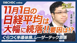 【11月1日金東京株式市場】日経平均株価は大幅続落、米ハイテク株安で日本株・半導体株下落／日銀植田総裁会見後に円高進む／レーザーテック急落／今晩雇用統計、来週は米大統領選挙／週明け東証取引時間延長 [upl. by Janeta]