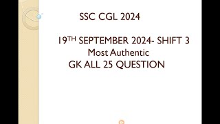 SSC CGL 19 September shift 3 GK questions review and analysis [upl. by Haek]