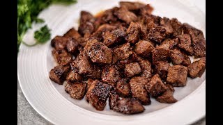 BUTTERY GARLIC STEAK BITES RECIPE  QUICK amp EASY KETO FRIENDLY RECIPE [upl. by Ynnavoig]