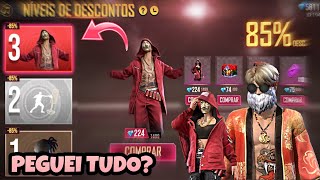 PEGUEI TUDO NOVO EVENTO NÍVEIS DE DESCONTO FREE FIRE  COM 90 DE DESCONTO GASTANDO DIAMANTES FF [upl. by Elvah]