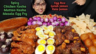 Eating Chicken Kosha Mutton Kosha Egg Masala Fry Sweets  Big Bites  Asmr Eating  Mukbang [upl. by Arelus]