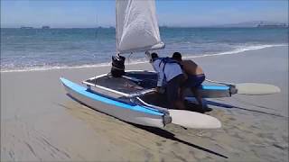 Hobie 14 Catamaran First Timers Sailing One man over board [upl. by Handal90]