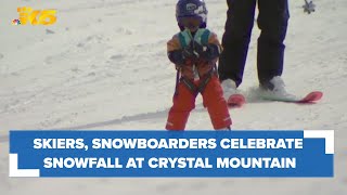 Skiers and snowboarders celebrate new snowfall at Crystal Mountain [upl. by Narot]