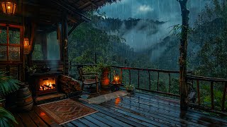 The Best Way To Sleep Instantly Listen To Rain Thunder Sound Crackling Fire⚡Cozy Balcony In Rain [upl. by Nylkcaj]