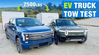 Electric Truck Tow Test 2022 Rivian R1T vs 2022 Ford F150 Lightning  Towing with Electric Trucks [upl. by Rosenbaum]