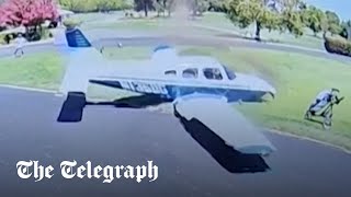 Plane crash lands on golf course narrowly missing man in California [upl. by Yanal]