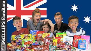 AUSTRALIAN FOOD TASTE TEST  AMERICAN KIDS EAT VEGEMITE WRONG WAY PHILLIPS FamBam Challenges [upl. by Sharia]