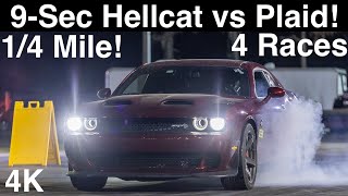 Tesla Plaid 14Mile vs 9Sec Hellcat amp Redeye on Drag Radials Foxbody 250HP Nitrous 4 Runs in 4K [upl. by Akemor203]