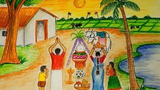 Pongal festival drawing for beginners very easy stepspongalsankranti drawing easy [upl. by Himelman]