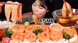 ASMR MUKBANG 연어국수 간장소스 연어소스 초장소스에 찍어서 생연어 리얼사운드 먹방 RAW SALMON NOODLE サーモン Cá hồi ปลาแซลมอน [upl. by Joannes]