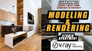 VRAY SKETCHUP  STUDIO APARTMENT INTERIOR WORKFLOW SKETCH MODELING RENDERING AND POSTRENDERING [upl. by Sofia369]