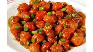 Andhra style meal maker Manchurian recipe style soya chilli Manchurian recipe in telugu [upl. by Peursem987]