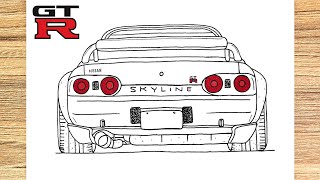 How to Draw a Nissan Skyline GTR R32 1989  Rear view [upl. by Hgieleak]